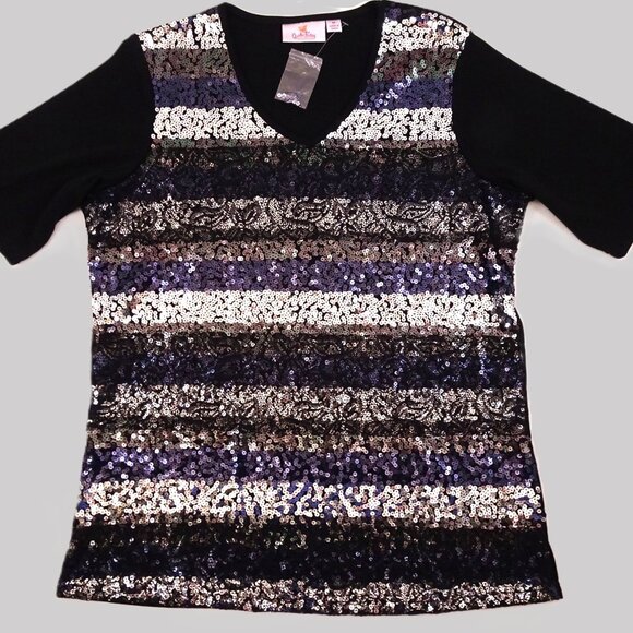 NWT Quacker Factory Sequin Lace t-shirt Medium Black Silver Blue New Year's Eve - Picture 1 of 7